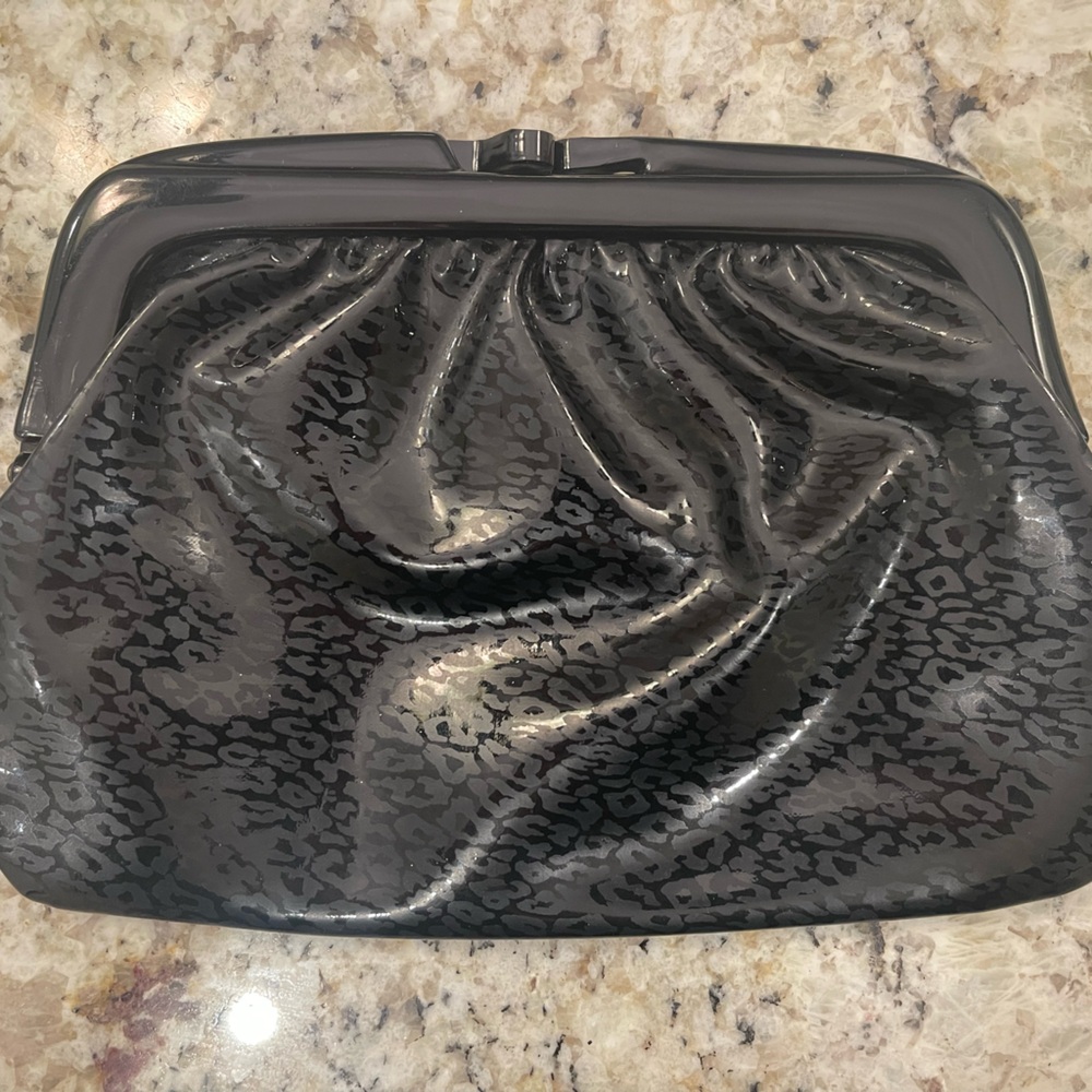 Vintage Italian Leather Patent Clutch Black Mod Animal Print Lacquered Closure